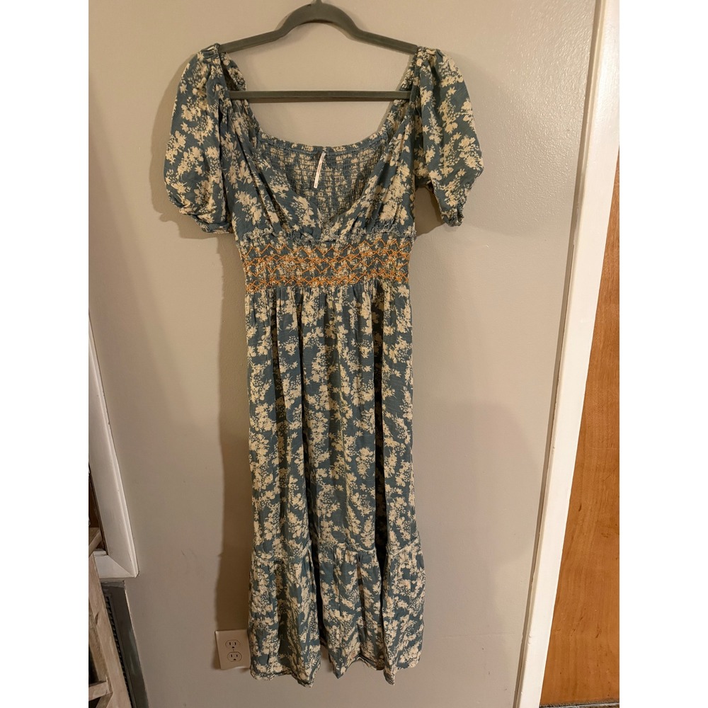 Free People Blue Floral Smocked Midi Dress Puff Sleeve Boho Cottagecore Small